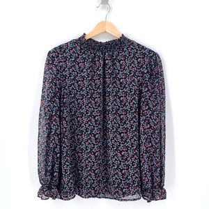 1.STATE Black Prairiecore Floral Print Mock Neck Sheer Tunic Blouse Large